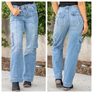 Judy Blue Macon Cargo Wide Leg Jeans High Rise Blue Denim Damen Übergröße 24W - Bild 1 von 16