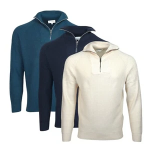 Mens Jumper Half Zip High Neck 100% Cotton Thick Knitted Sweater Pullover 60-01 - Picture 1 of 24