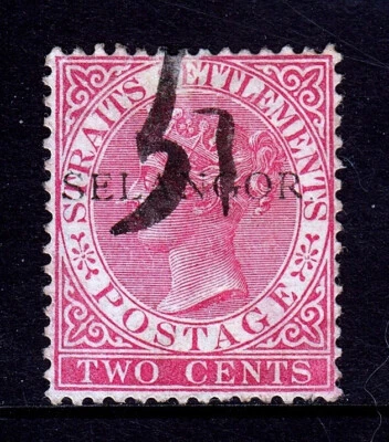 马来西亚 (SELANGOR) - SCOTT 10 - 1887 2c 玫瑰带 PERIOD - 二手,收入取消 — 第 1/2 张图片