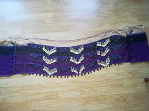 BELLYDANCE BLACK PURPLE BEIGE GOLD COIN HIP SCARF - Picture 1 of 3