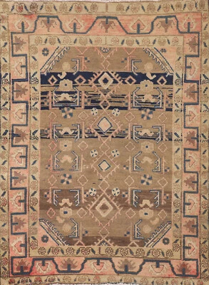 Muted Vintage Geometric Hamedan Area Rug 4x5 Wool Hand-knotted Brown Carpet - Image 1 of 4