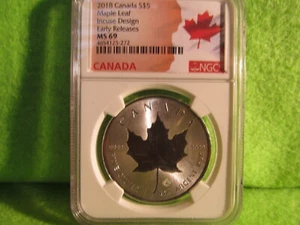 2018 CANADIAN MAPLE LEAF, INCUSE DESIGN ER MS69 - Picture 1 of 3