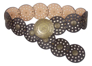 3 1/2" (90 mm) Wide Ladies Wide Boho Disc Concho Leather Belt - Picture 1 of 28