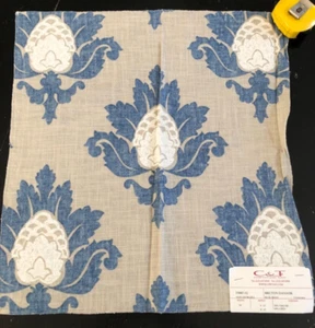 JANE CHURCHILL Bruton Damask in Blue, Beige 16 1/2 x 17 1/4" Fabric Sample - Picture 1 of 4