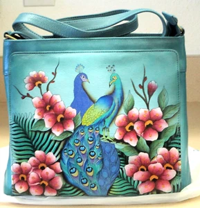 Anuschka Peacock Love - handbemalte Leder Umhängetasche Organizer Neu mit Etikett - Bild 1 von 7