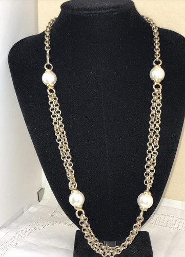 COLLANA BIGIOTTERIA 4 GROSSE PERLE DI SINTESI MAGLIA DOPPIA A ROLLO TIPO CHANEL