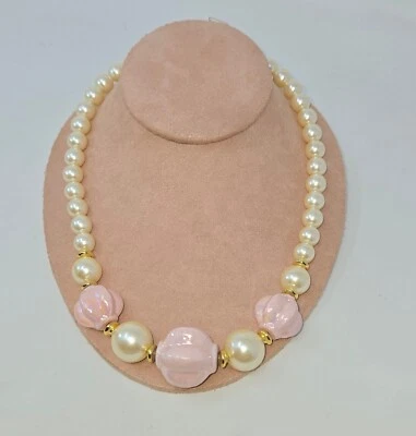 Gargantilla babero de porcelana con cuentas de imitación de perlas blanco oro rosa 18" japonesa Foto 1 de 4