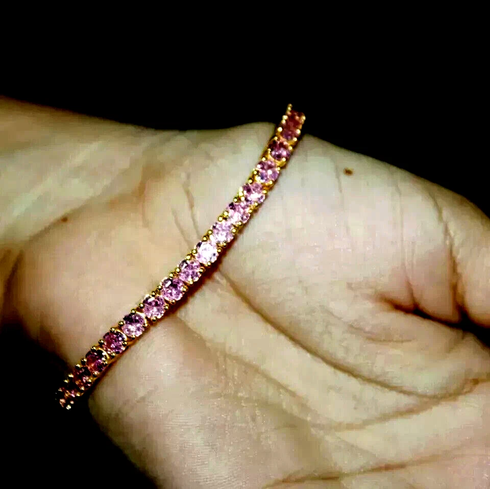 Brazalete tenis zafiro rosa creado en laboratorio corte redondo de 5,0 quilates enchapado en oro amarillo de 14 k Foto 1 de 1