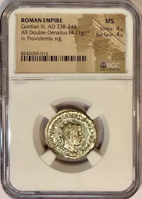 Brilho reflexivo 238-244 AD Gordian III prata romana antiga Db Denarius NGC MS - Imagem 1 de 4