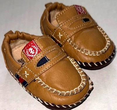 IZOD baby moccasins tan/brown/ NAUTICAL motif size 1 (0-3 months) - Image 1 of 3