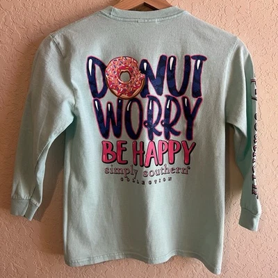 Simply Southern Youth Small Girls T-Shirt Donut Worry Be Happy Teal - Image 1 of 4