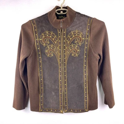 Chaqueta Bob Mackie Marrón Cuero Gamuza Cremallera Completa Para Mujer Grande Arte Para Usar Acanalada Foto 1 de 4