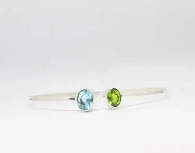 Sterling Silver Gemstone Bangle – Open Cuff with Blue & Green Stones AG007 - Image 1 of 4