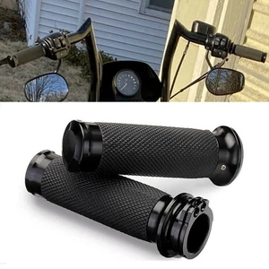 Black Motorcycle Rubber Hand Grips 1" Handlebar For Harley Touring Softail Dyna - Picture 1 of 5