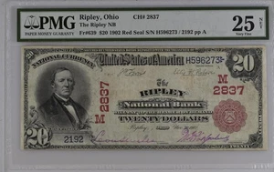 1902 $20 Dollar Red Seal National Bank of Ripley Ohio FR#639 CH#2837 PMG 25 NET - Picture 1 of 9
