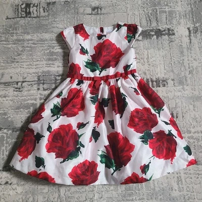 Gymboree Girls Sz 4 Red White Giant Rose Floral Bow Holiday Festival Dress - Image 1 of 4