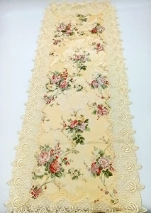Vintage Antique Ivory Embroidered Edge Floral 14X34" Table Runner Cottage Core - Picture 1 of 9