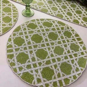 Set of 6, Green and white table runner and placemats, handmade beaded - Picture 1 of 4