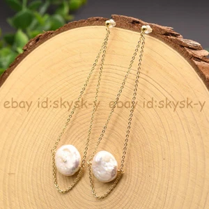 Huge 20-22mm Natural White Freshwater Flat Coin Pearl Dangle Chain Stud Earrings - Picture 1 of 4