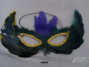 Mardi Gras Máscara de cara / ojos Plumas de mascarada lentejuelas estilo veneciano NIP - Imagen 1 de 2