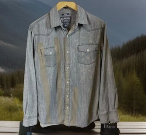 AMERICAN RAG BLUE DENIM LONG SLEEVE BUTTON DOWN AMERICAN STRIPES /STARS SZ M EUC - Picture 1 of 9
