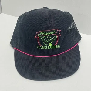 Vtg 90s Black Neon Corduroy Hawaii Hang Loose Trucker SnapBack Hat Pink Shaka HI - Picture 1 of 6