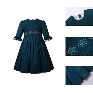 Toddler Girls Green Smocked Dresses Embroidery Bell Sleeve Xmas Party Dresses - Picture 1 of 17