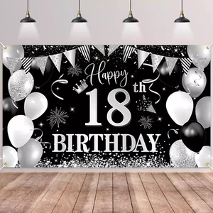 18th Birthday Backdrop Banner Black Silver Large Fabric Photo Backdrop Banner UK - Picture 1 of 7
