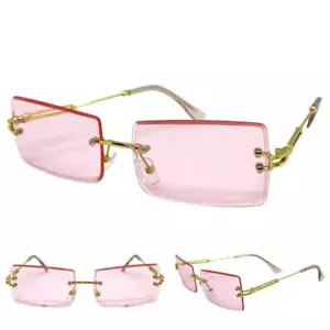 Mens Women Classy Elegant Sophisticated SUN GLASSES Rimless Gold Frame Pink Lens - Picture 1 of 6