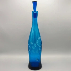Cobalt Blue Etched Glass Tall Decanter - Picture 1 of 10