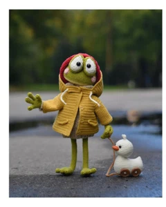 Handmade Crochet Frog Doll with Raincoat and Duck – Poseable Amigurumi Gift - Picture 1 of 6