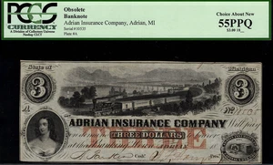 1850's $3 Obsolete - Adrian, Michigan - Adrian Insurance Company - PCGS 55PPQ - Picture 1 of 2