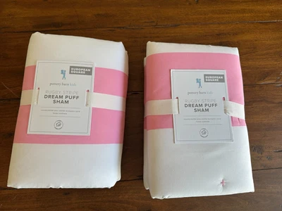 Set of 2 Pottery Barn Kids Rugby Stripe Dream Puff EURO Shams Pink White NEW - Image 1 of 3