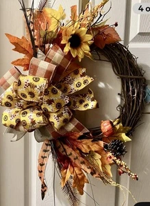 Handmade Thanksgiving Wreath Large 22” Fall Deco Mesh Grapevine Front Door Decor - Picture 1 of 4