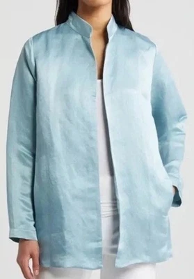 NWT EILEEN FISHER XL Silk Linen Stand Collar Open Front Jacket POOL BLUE $328! - Image 1 of 4