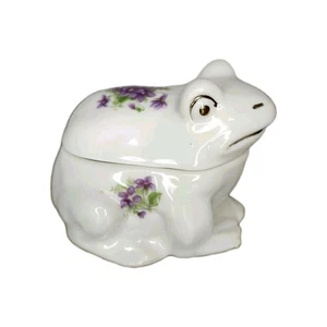 Caja de baratijas Lefton Bone China Frog 1958 flores púrpuras adorno dorado vintage  - Imagen 1 de 11