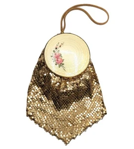 Vintage Enamel Guilloche Gold Mesh Evening Bag Wristlet Purse Mirror Compact ** - Picture 1 of 18