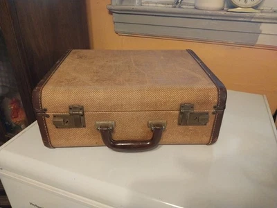  Antique/Vintage Gold Tweed Hard Suitcase Brown Leather Trim Medium 15”x 12”x6” - Image 1 of 4