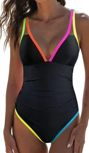 NWT POPVIL Sz L Black and NEON LINED One-Piece Swimsuit Bathing Suit NEW Large - Picture 1 of 9