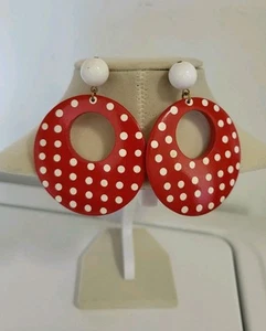 Large Wood Retro 1960s Style Red Polka Dot Earrings Vtg? 2.25in - Picture 1 of 5