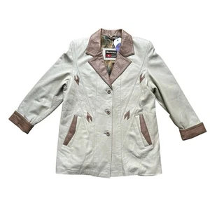 cremefarbene Lederjacke 80er Jahre Kollflex braun Patchwork Details Rautenknopf groß - Bild 1 von 6