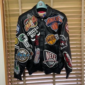 Jeff Hamilton NBA Collage Vegan Leather Jacket Black Bomber Size M 2000s Signed - Picture 1 of 20