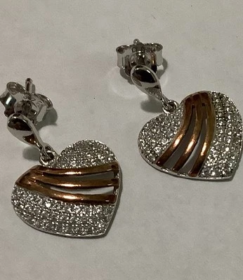Sterling Silver Micro Pave & Rose Gold Stripes Heart Earrings (51) - Image 1 of 3