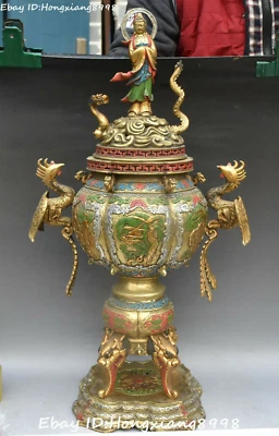24" Pintura Bronce Púrpura Kwan-yin Guanyin Dragón Fénix Quemador de Incienso Censario Foto 1 de 4