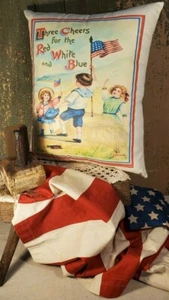 VINTAGE VICTORIAN ANTIQUE BOY GIRLS BEACH PATRIOTIC AMERICA FLAG USA PILLOW - Picture 1 of 7