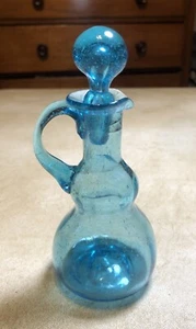 Aqua Glass Hand Blown Vinegar Cruet with Stopper Vintage  - Picture 1 of 8