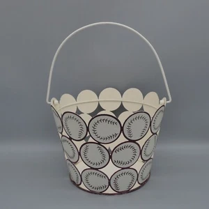 Vintage Baseball Basket Bucket Pail Swivel Handle Round Metal Cutout Dark Red 8" - Picture 1 of 17