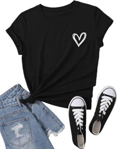 Women's Heart Print T Shirts Summer Funny Short Sleeve Tops Black L - Picture 1 of 4