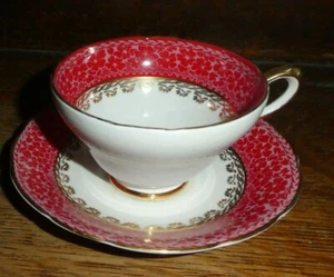 AUTHENTIC BONE CHINA ROYAL SUTHERLAND STAFFORDSHIRE Red Pink Cup & Saucer PO2 - Picture 1 of 3