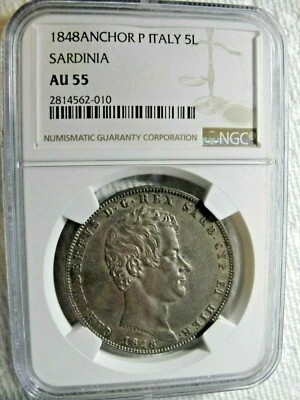 1848 Italian States Sardinia 5 Lira Silver Coin GRADED by NGC AU55 Km #130.1 - Image 1 of 4